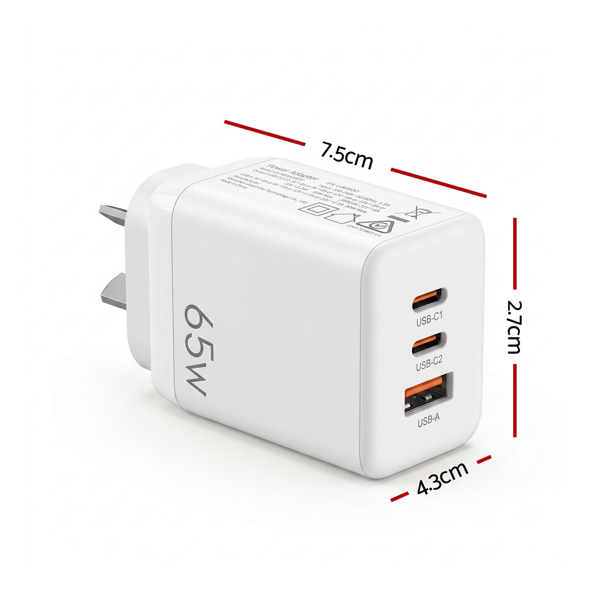 Devanti USB C Charger 65W Fast Charger 3 Port PD Wall Adapter White - Image 2