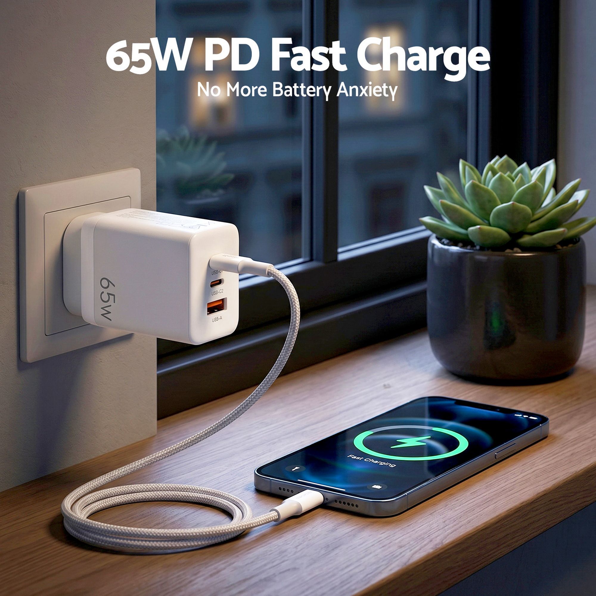 Devanti USB C Charger 65W Fast Charger 3 Port PD Wall Adapter White - Image 4