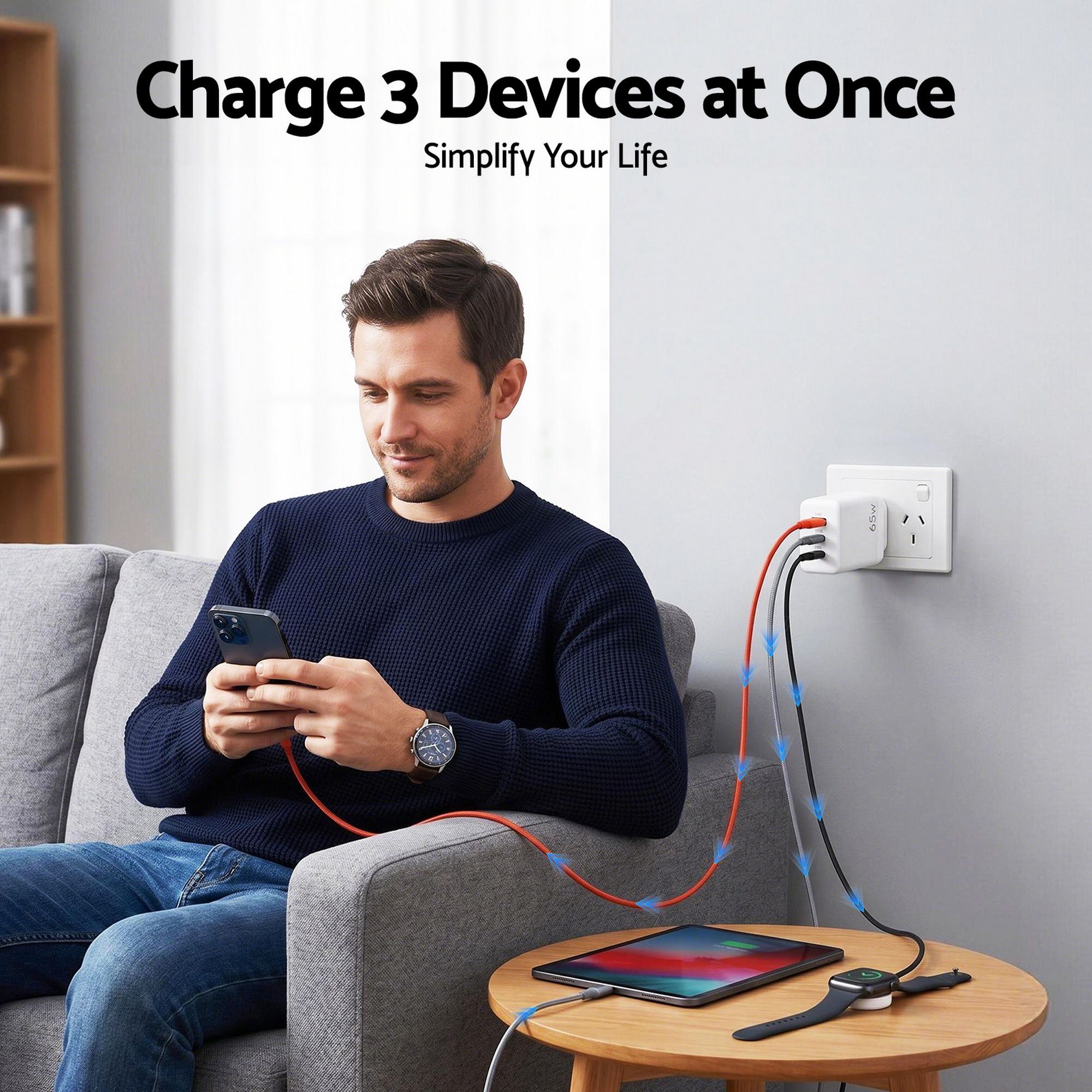 Devanti USB C Charger 65W Fast Charger 3 Port PD Wall Adapter White - Image 5