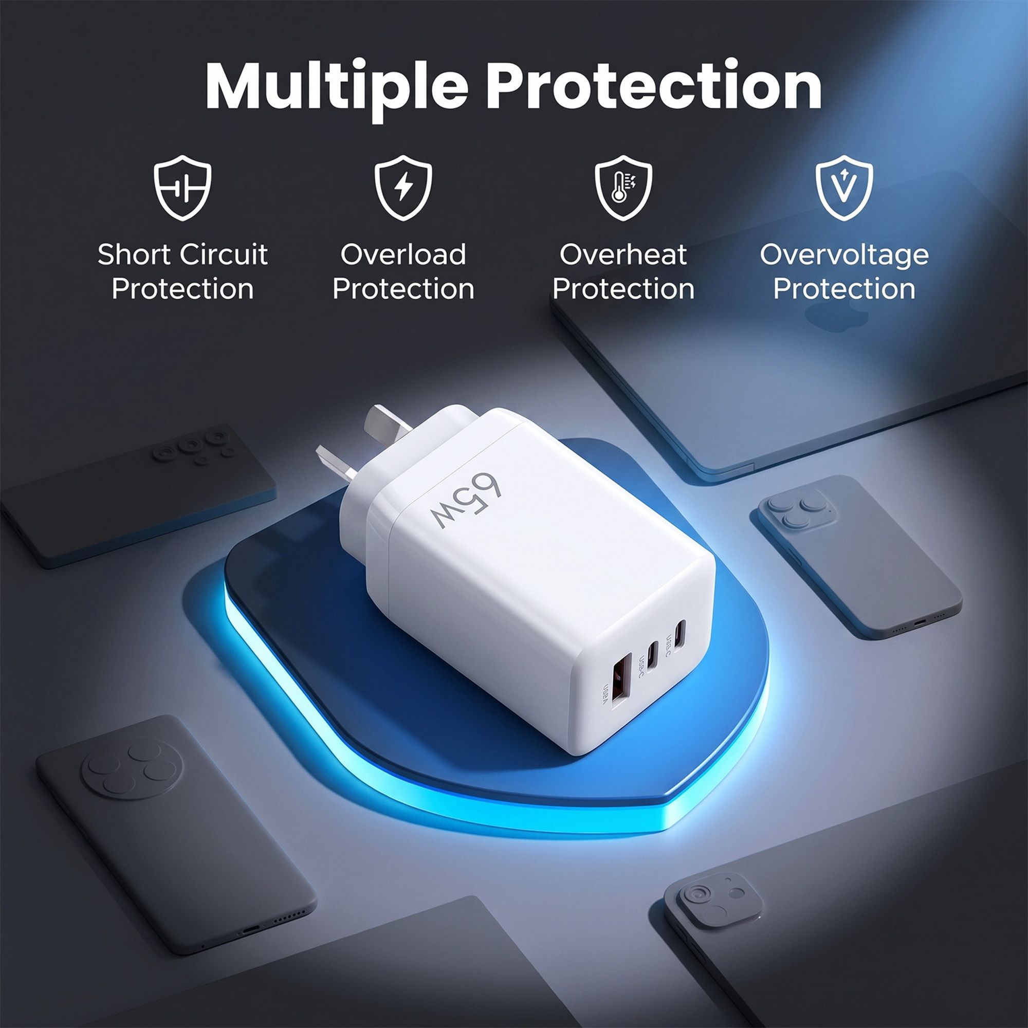 Devanti USB C Charger 65W Fast Charger 3 Port PD Wall Adapter White - Image 7