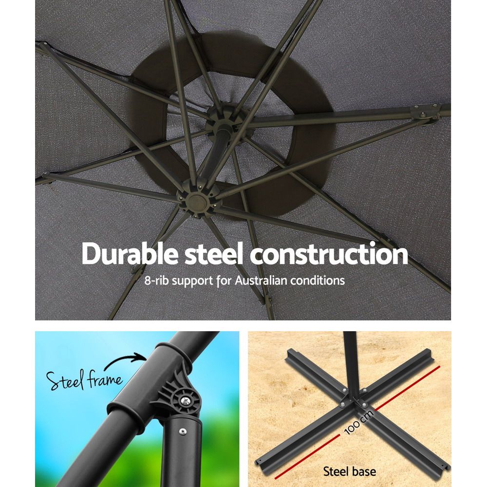 Instahut 3m Outdoor Umbrella Cantilever Beach Garden Patio Charcoal - Image 8