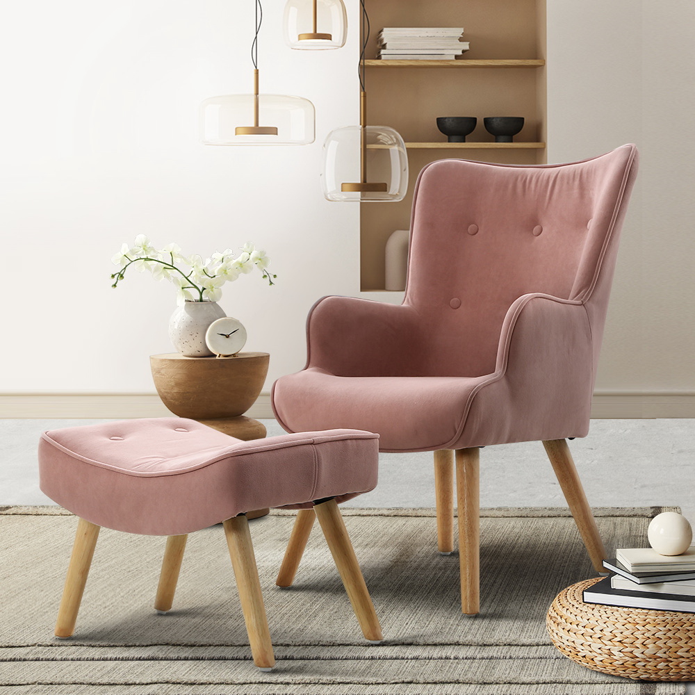 Artiss Armchair Set with Ottoman Pink Lansar - Image 7
