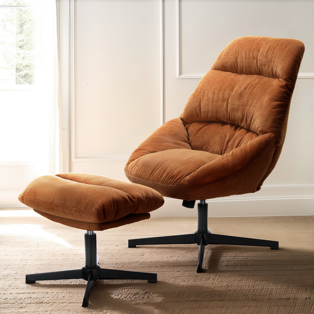 Artiss Armchair Set with Ottoman Linen Fabric Orange Yaro - Image 1