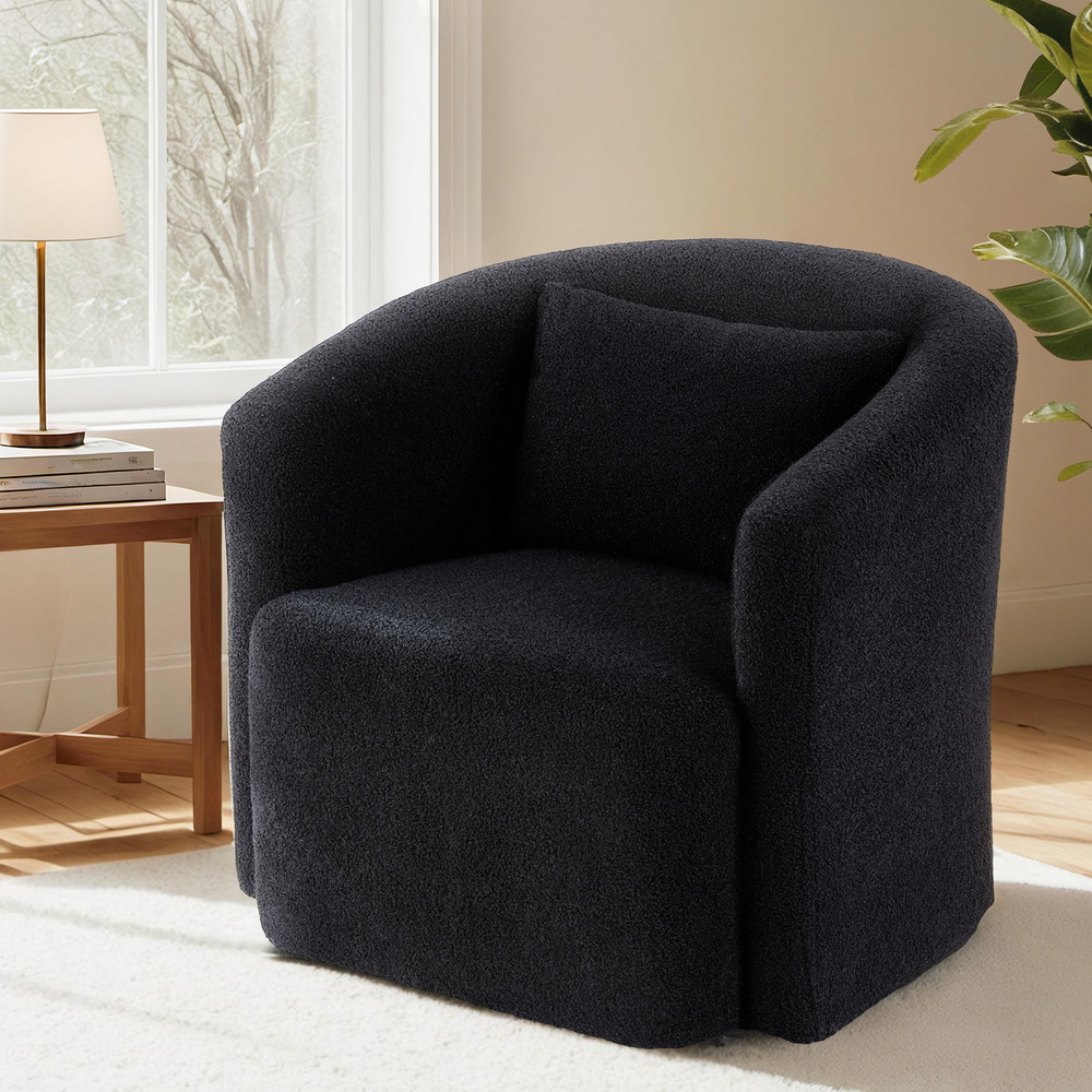Artiss Round Swivel Armchair Sherpa Fleece Black - Image 1