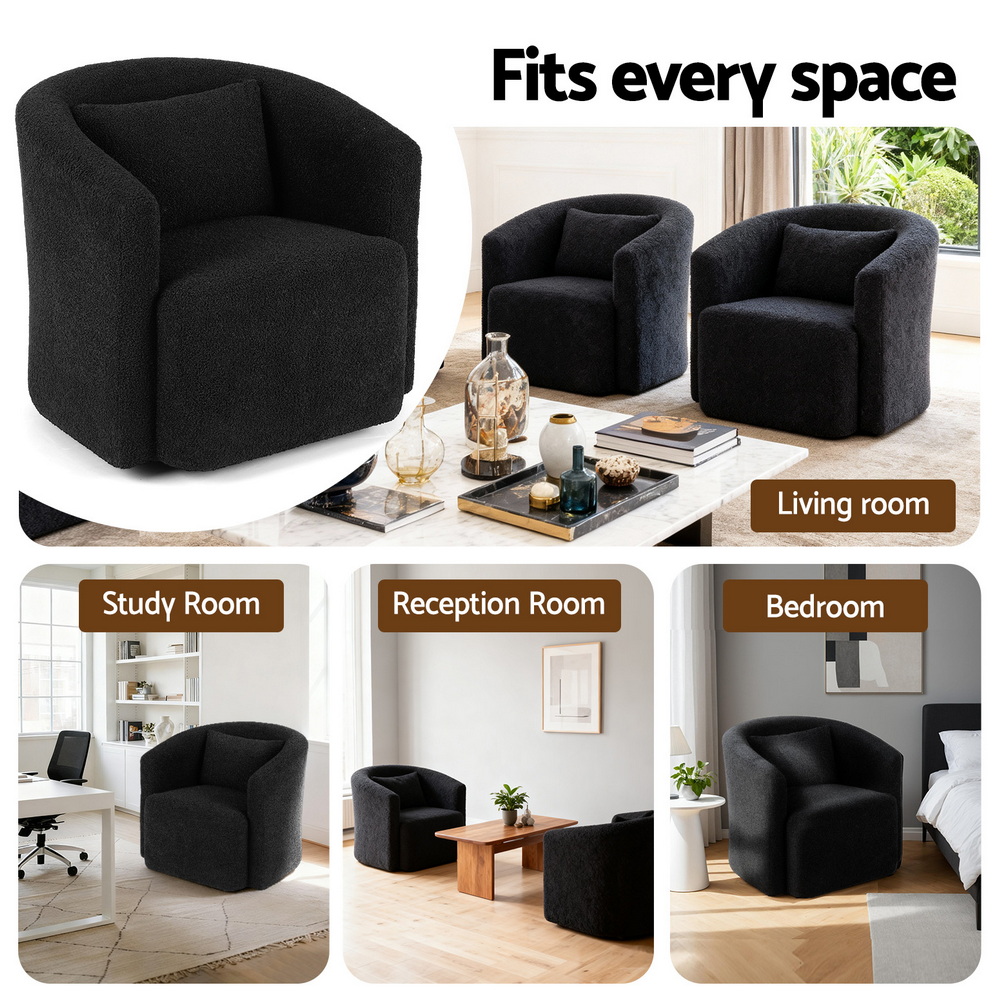 Artiss Round Swivel Armchair Sherpa Fleece Black - Image 6