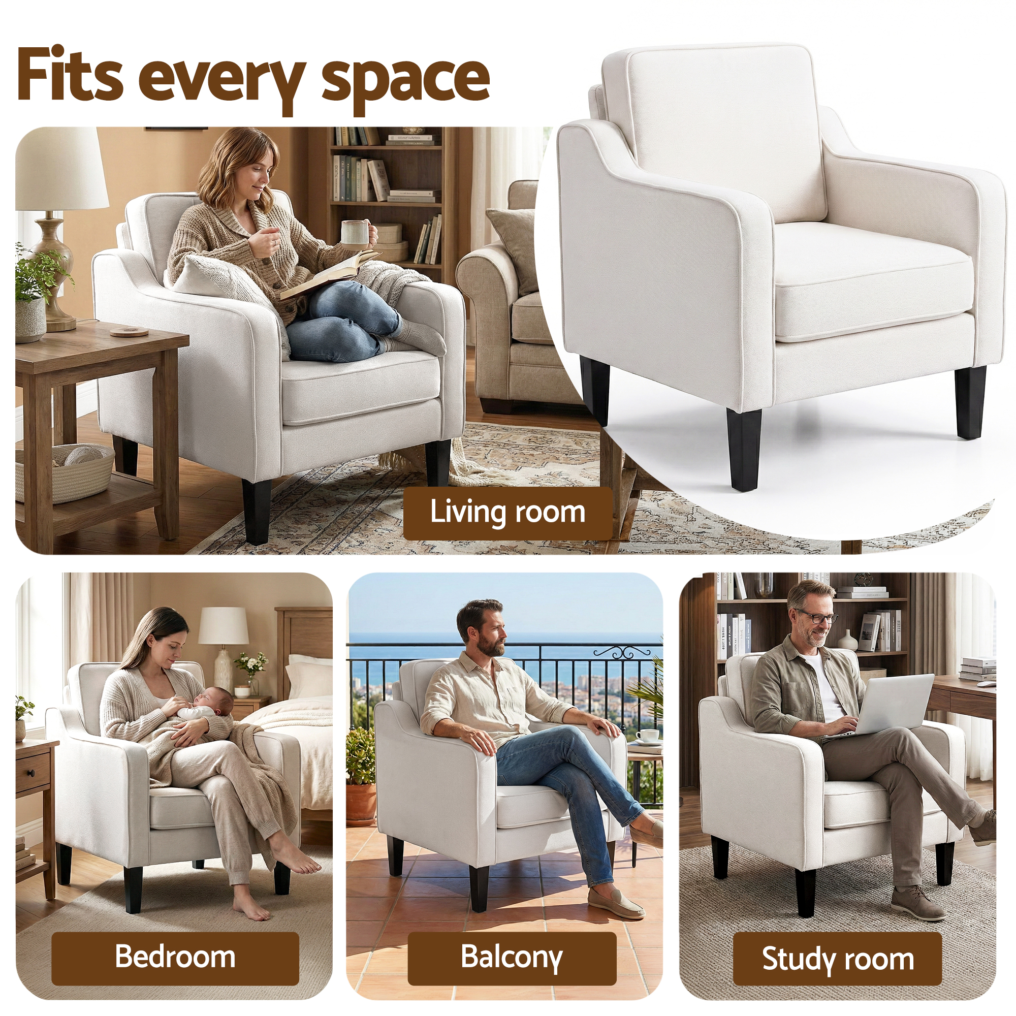 Artiss Armchair Lounge Accent Chair Linen Fabric Beige - Image 6