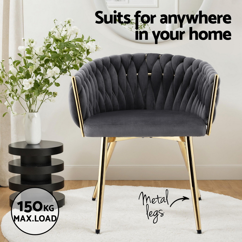 Artiss 1x Dining Chair Armchair Cafe Kitchen Lounge Chairs Velvet Weaving Grey - Image 5