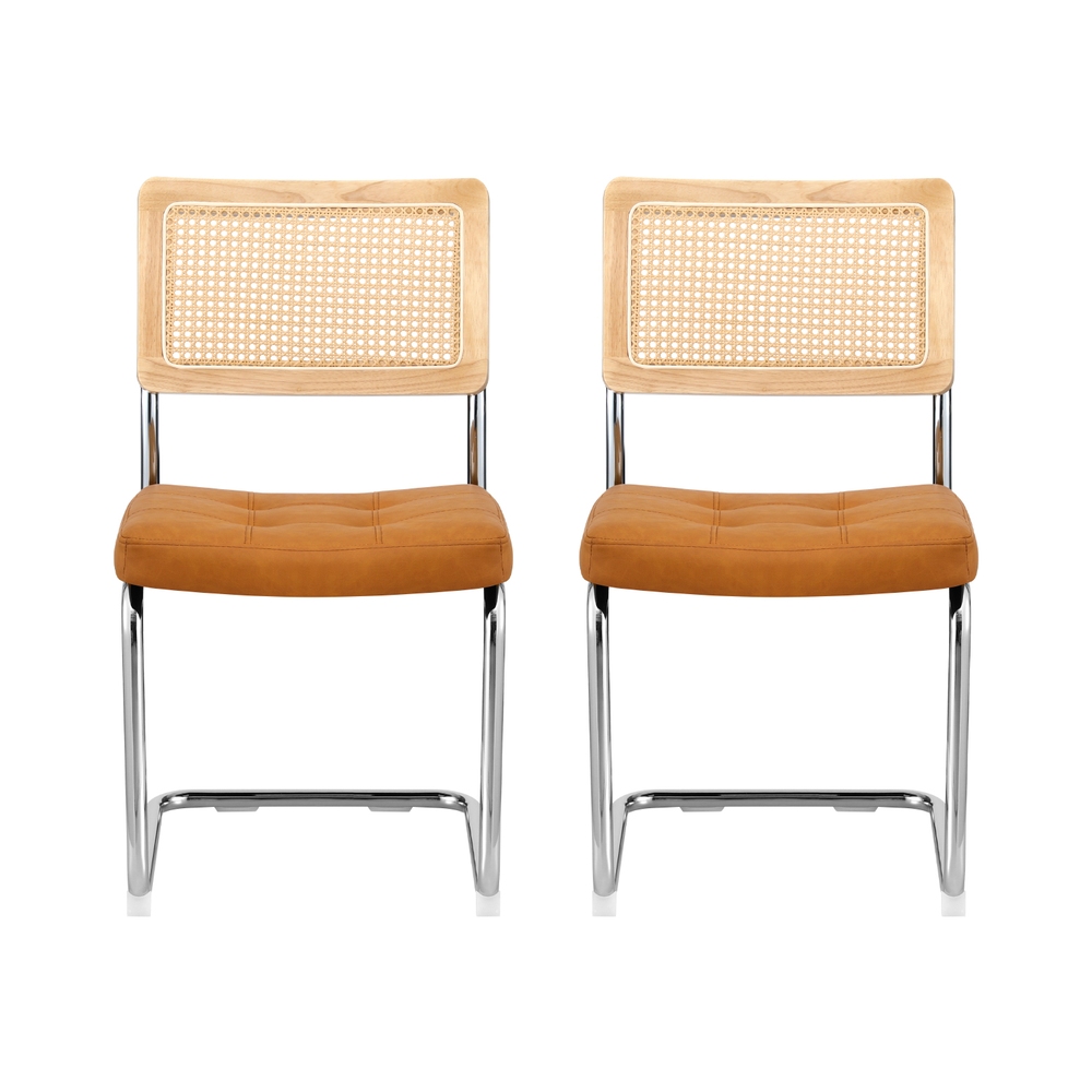 Artiss Dining Chairs Set of 2 PU Leather Rattan Cantilever Brown - Image 3