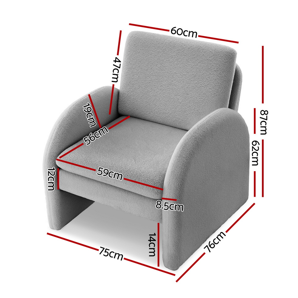 Artiss Armchair Accent Chair Lounge Tub Sofa Couch Curved Arm Seat Boucle Grey - Image 3