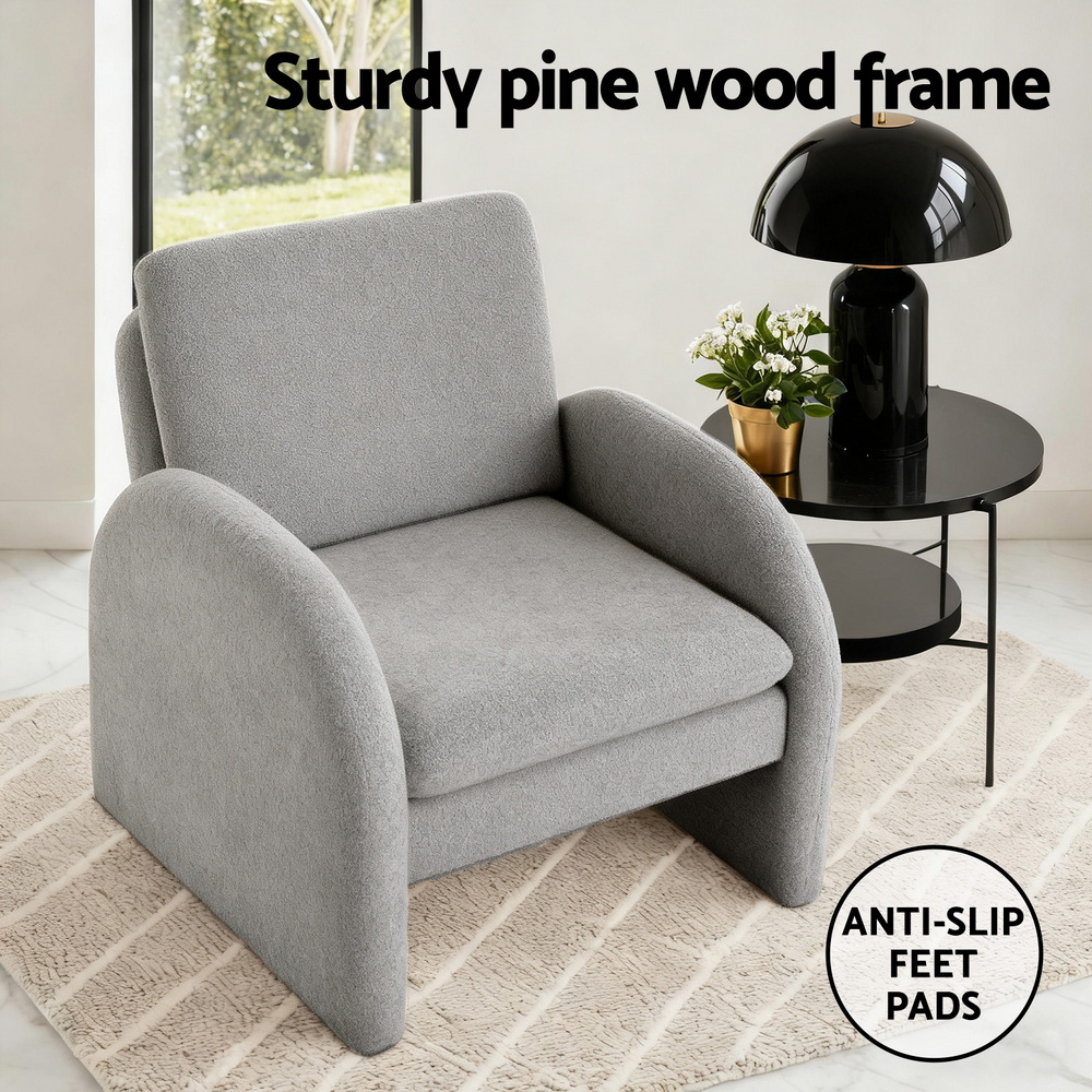 Artiss Armchair Accent Chair Lounge Tub Sofa Couch Curved Arm Seat Boucle Grey - Image 5