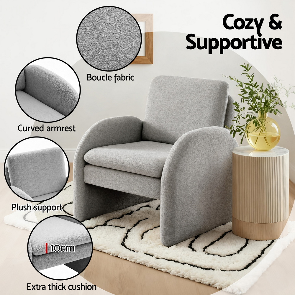 Artiss Armchair Accent Chair Lounge Tub Sofa Couch Curved Arm Seat Boucle Grey - Image 6