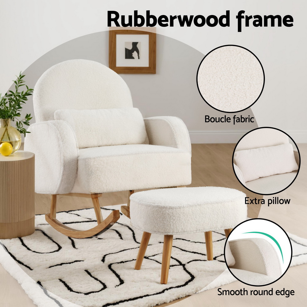Artiss Armchair Rocking Chair Ottoman Lounge Footrest Round Nursing Boucle White - Image 6