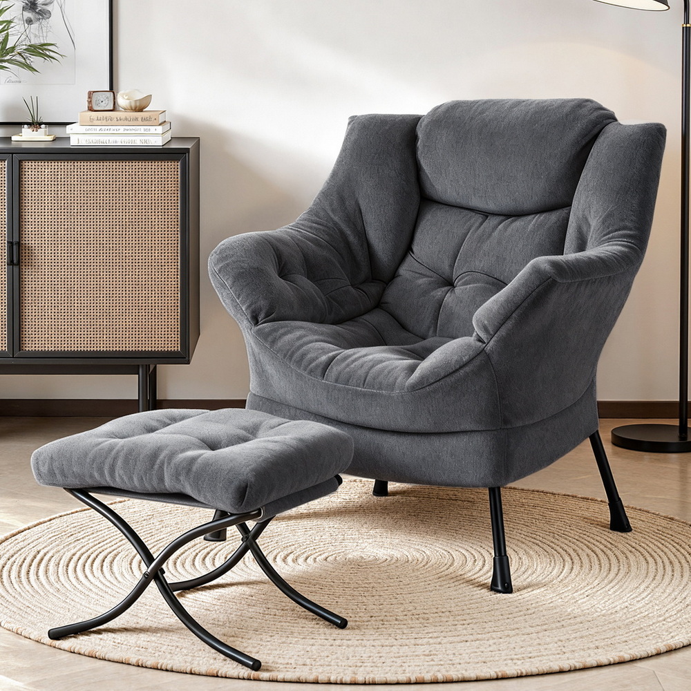 Artiss Armchair Accent Chair Ottoman Lounge Footrest Velvet Grey - Image 1