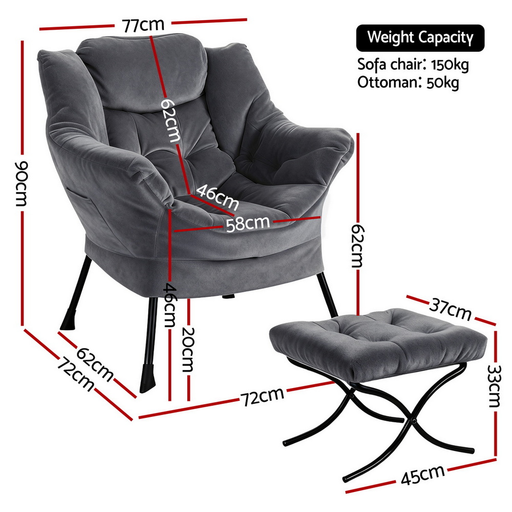 Artiss Armchair Accent Chair Ottoman Lounge Footrest Velvet Grey - Image 2