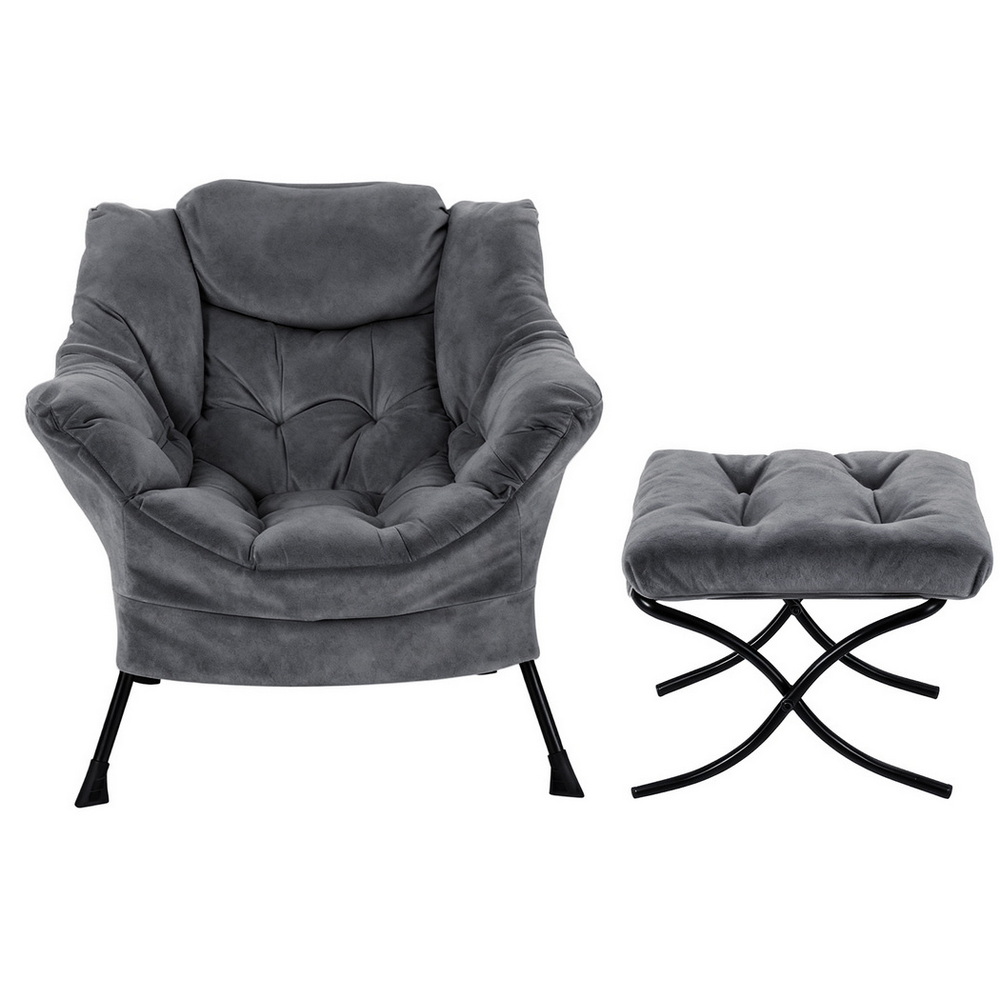 Artiss Armchair Accent Chair Ottoman Lounge Footrest Velvet Grey - Image 3