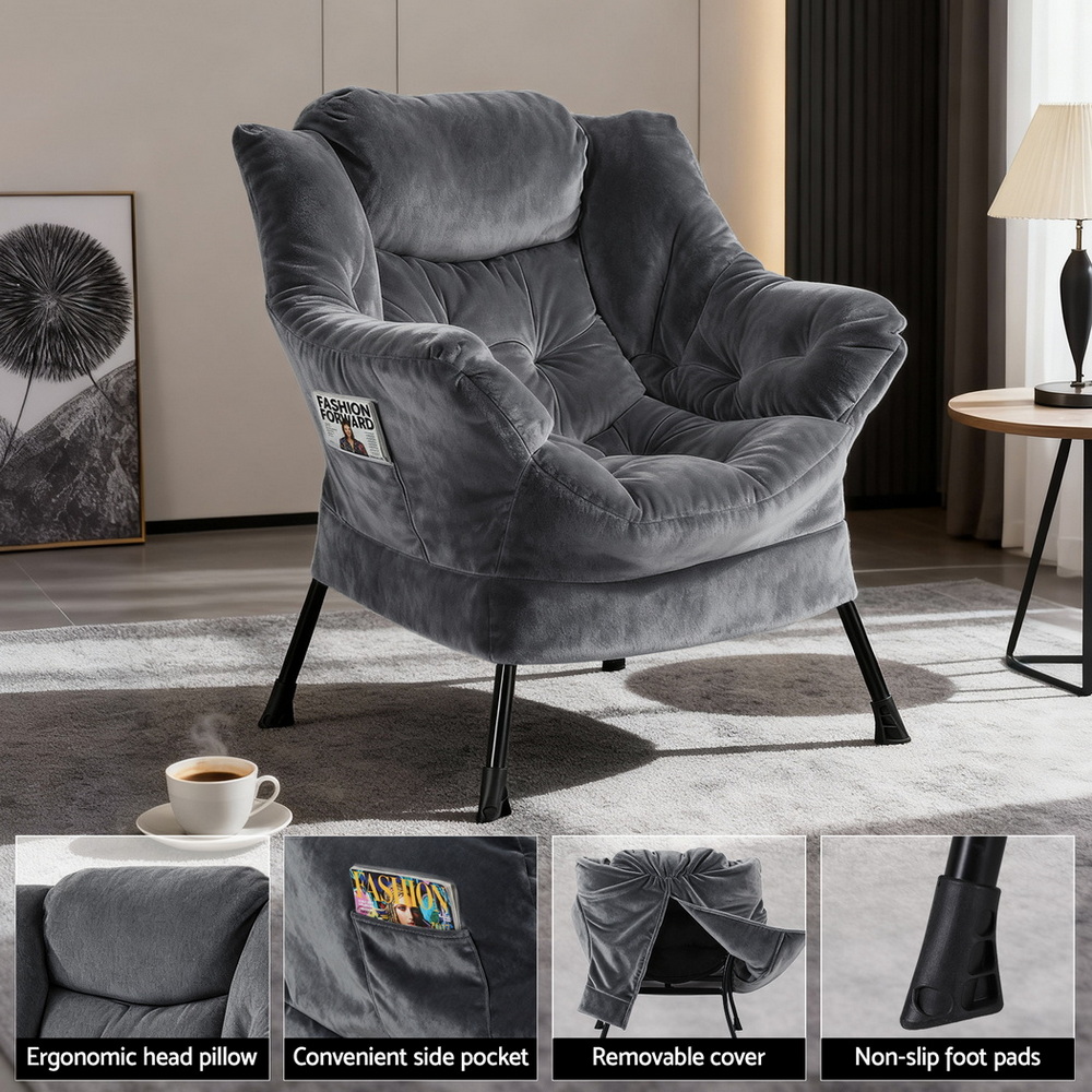 Artiss Armchair Accent Chair Ottoman Lounge Footrest Velvet Grey - Image 4