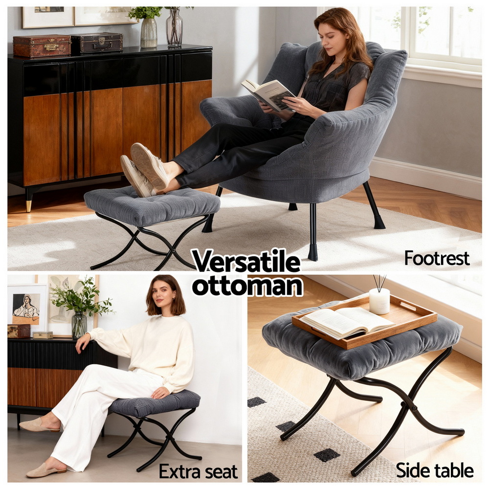 Artiss Armchair Accent Chair Ottoman Lounge Footrest Velvet Grey - Image 5
