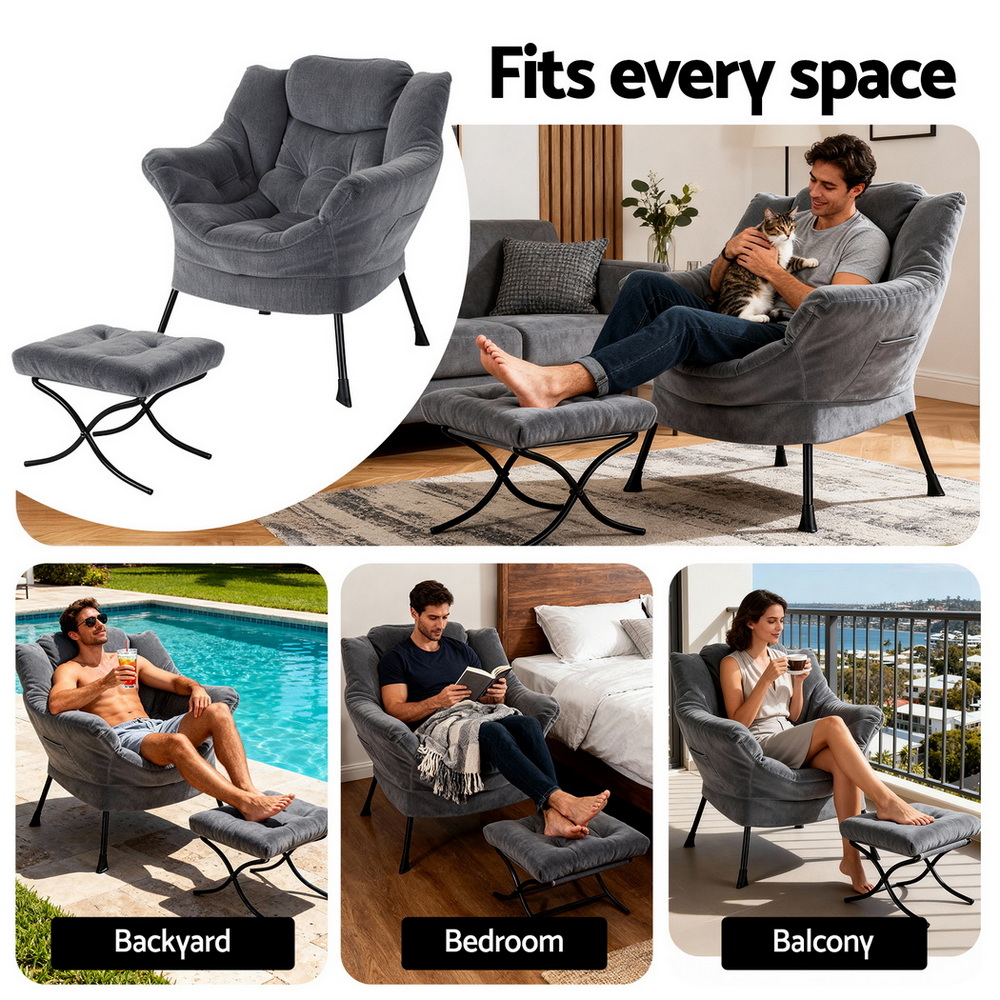 Artiss Armchair Accent Chair Ottoman Lounge Footrest Velvet Grey - Image 6
