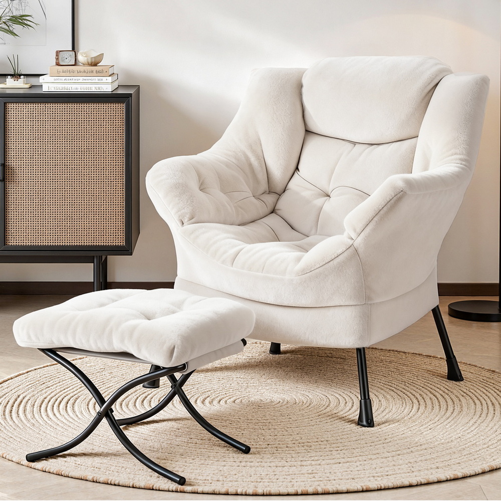 Artiss Armchair Accent Chair Ottoman Lounge Footrest Velvet White - Image 1