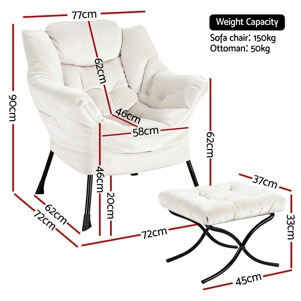 Artiss Armchair Accent Chair Ottoman Lounge Footrest Velvet White - Image 2