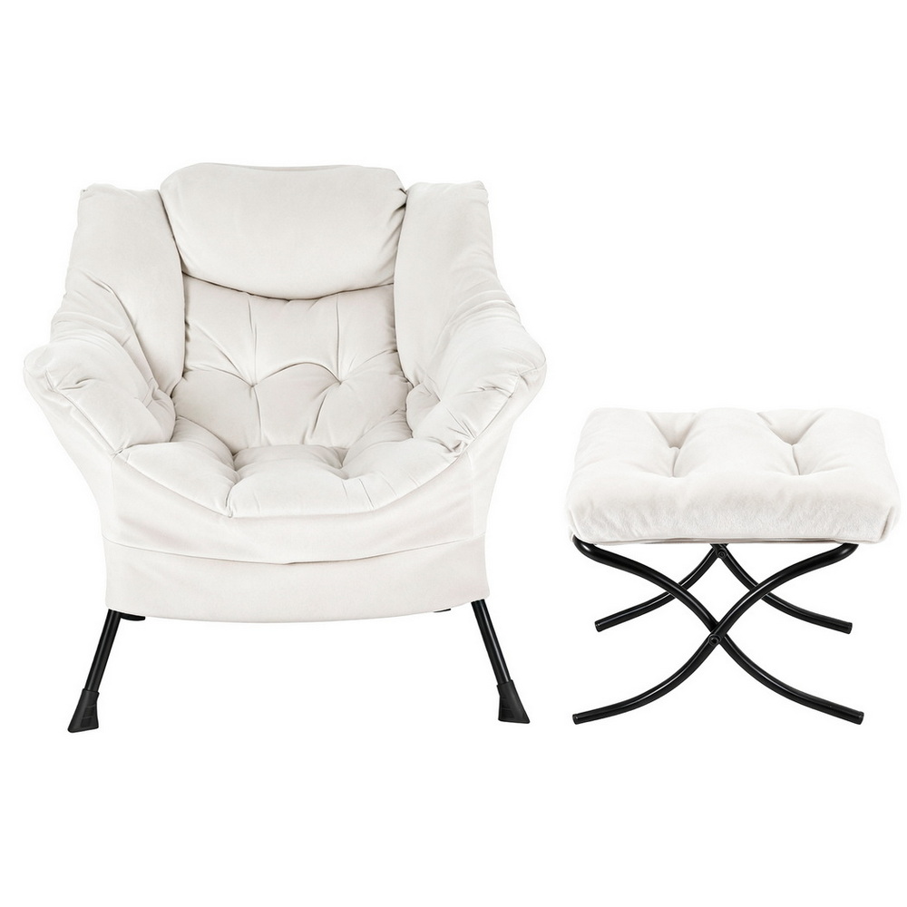 Artiss Armchair Accent Chair Ottoman Lounge Footrest Velvet White - Image 3