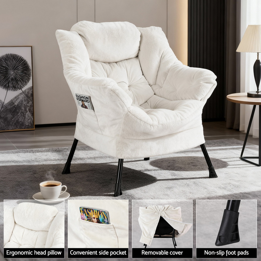 Artiss Armchair Accent Chair Ottoman Lounge Footrest Velvet White - Image 4