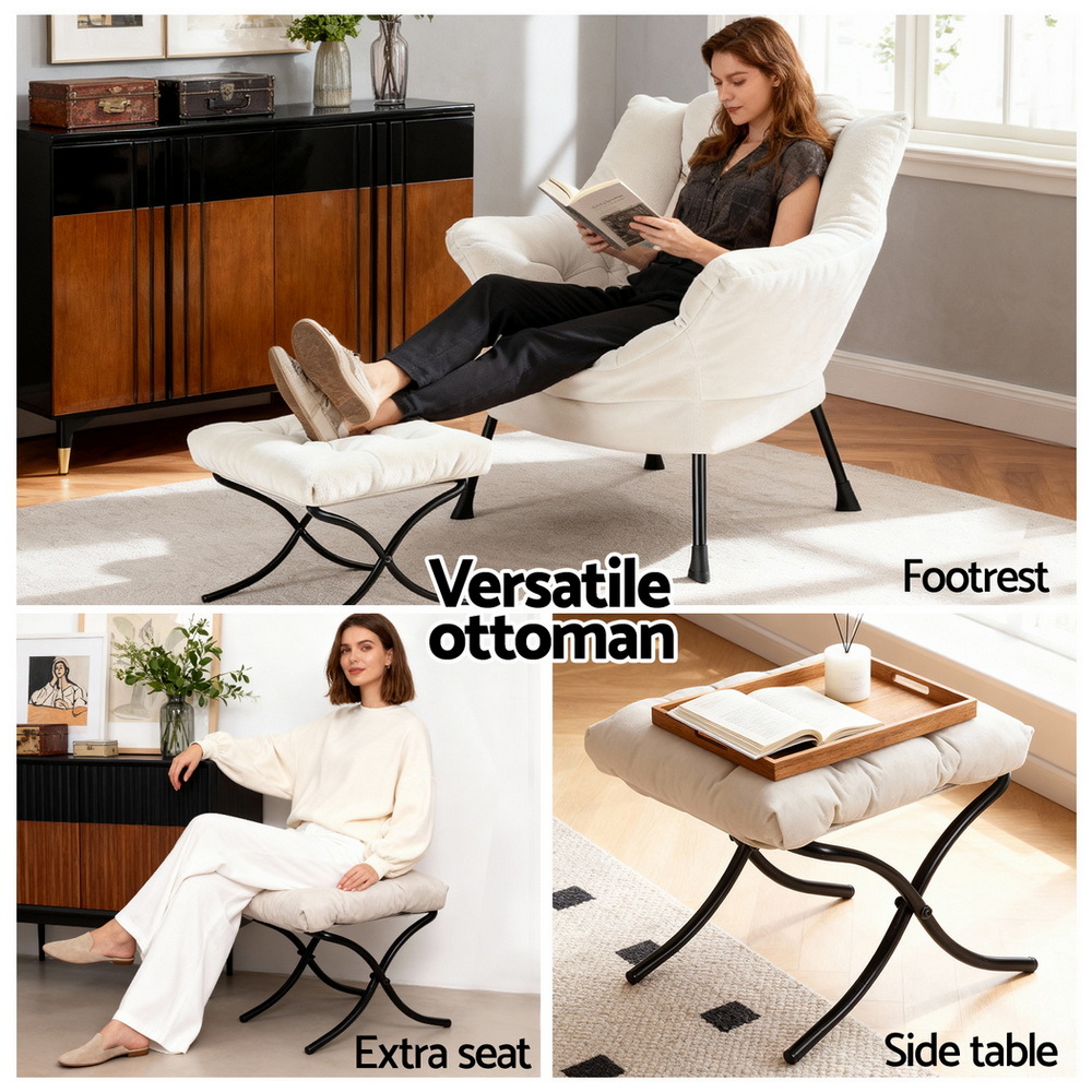 Artiss Armchair Accent Chair Ottoman Lounge Footrest Velvet White - Image 5