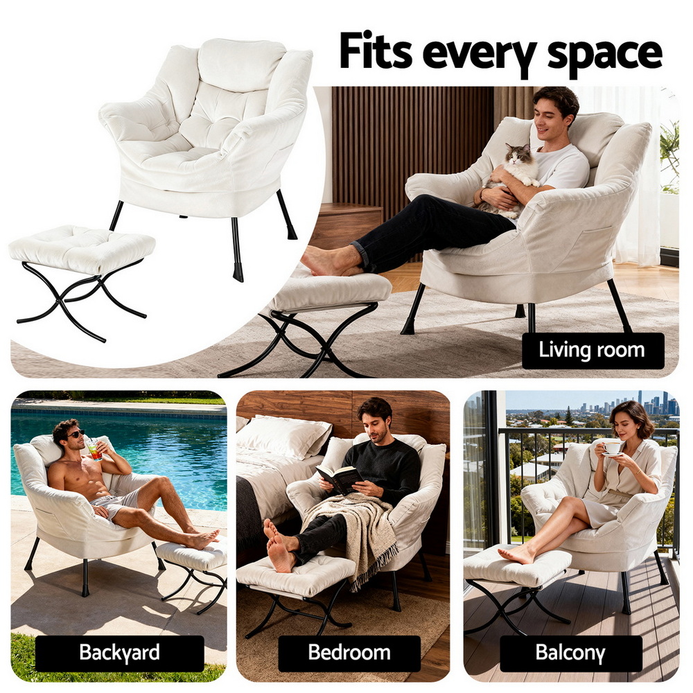 Artiss Armchair Accent Chair Ottoman Lounge Footrest Velvet White - Image 6
