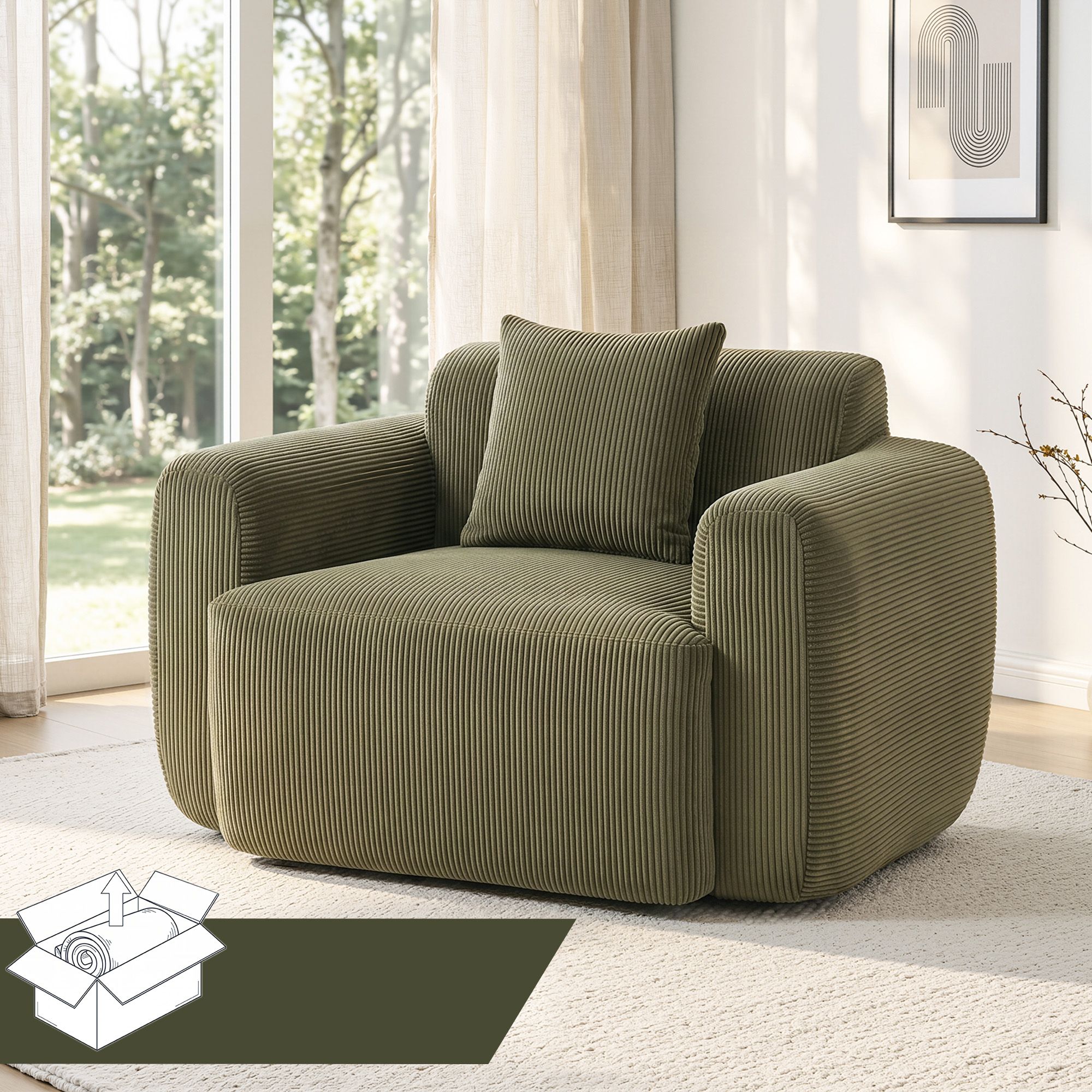 Artiss Compressed Armchair Sofa with Cushion Corduroy No Assembly Green - Image 1