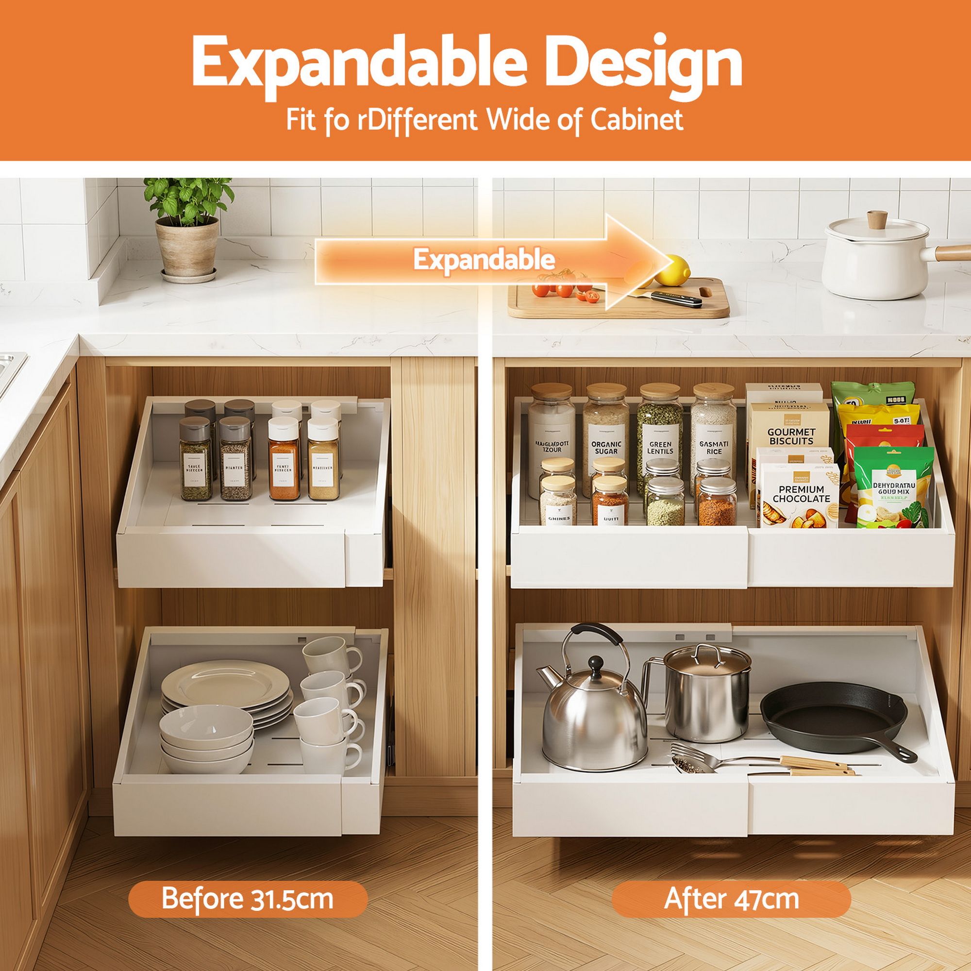 Artiss 2 Pack Pull Out Drawers for Cabinets Expandable Cabinet Organizer White - Image 4