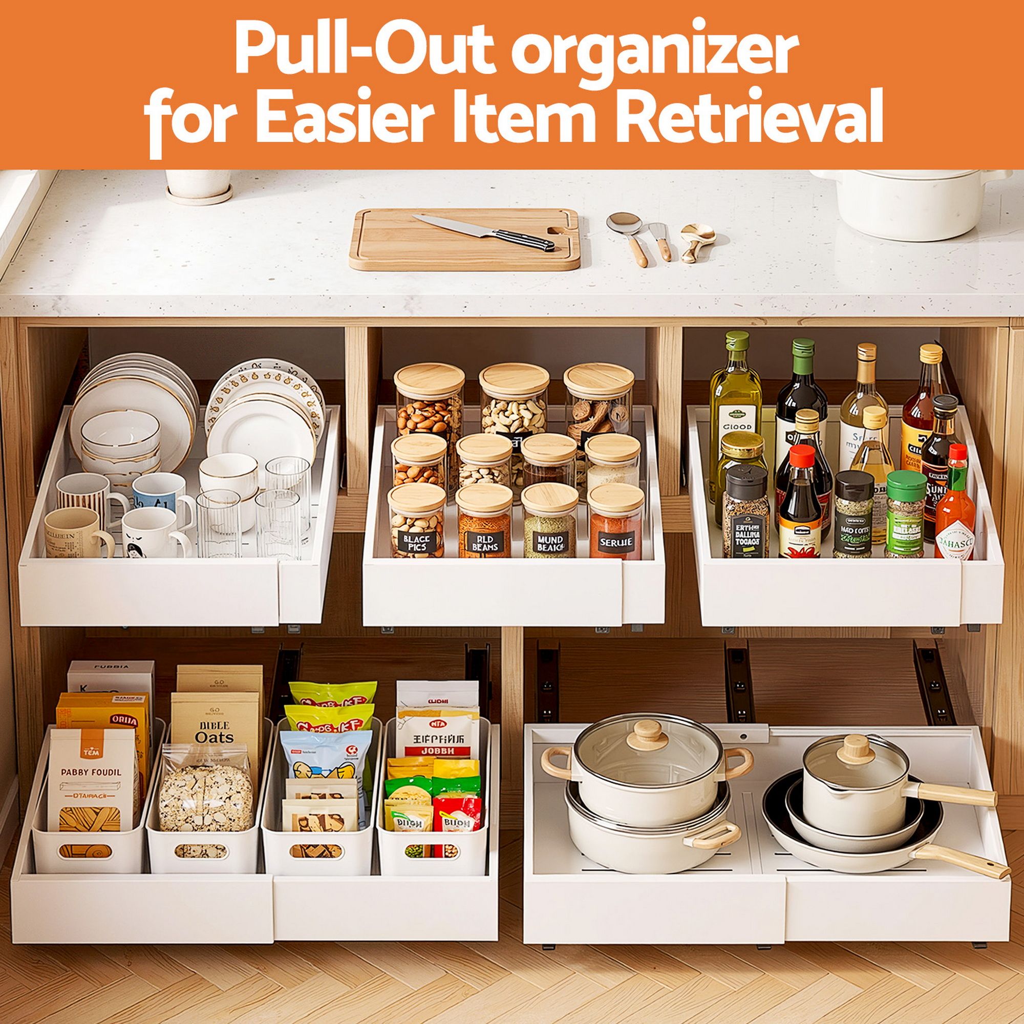 Artiss 2 Pack Pull Out Drawers for Cabinets Expandable Cabinet Organizer White - Image 5