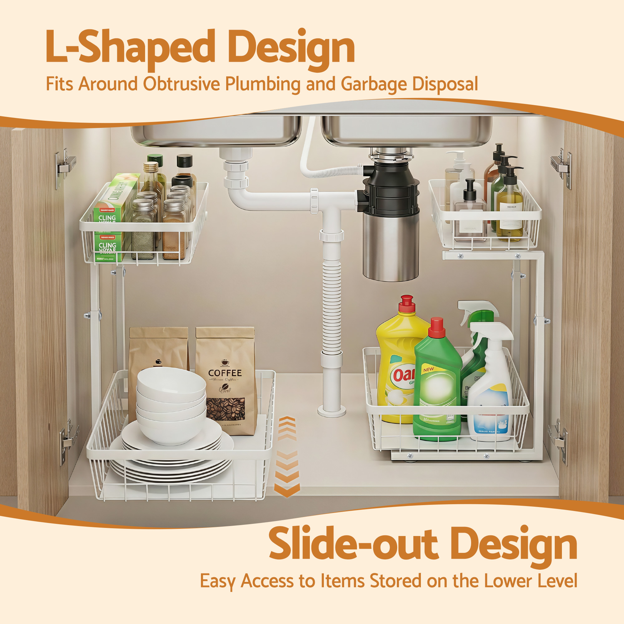 Artiss Under Sink Organizer Storage with 2 Slide Out Drawers 5 Adjustable Height Bathroom Kitchen Cabinet - Image 4