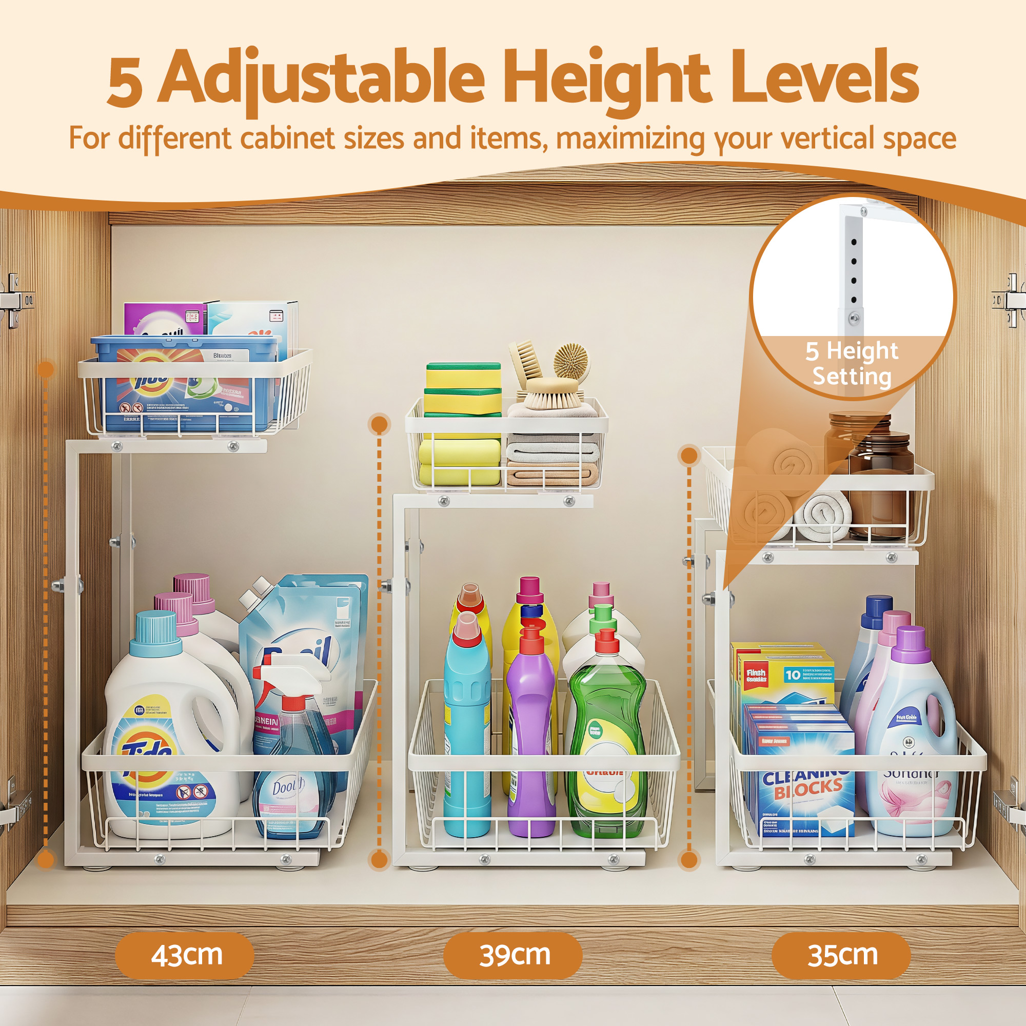 Artiss Under Sink Organizer Storage with 2 Slide Out Drawers 5 Adjustable Height Bathroom Kitchen Cabinet - Image 5