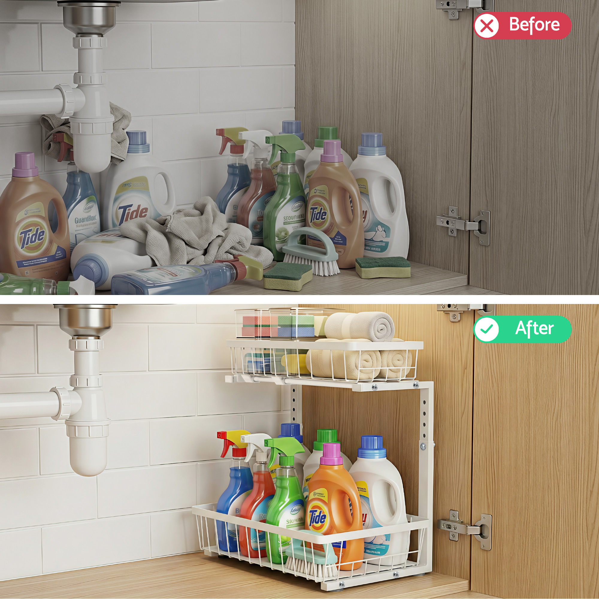 Artiss Under Sink Organizer Storage with 2 Slide Out Drawers 5 Adjustable Height Bathroom Kitchen Cabinet - Image 6