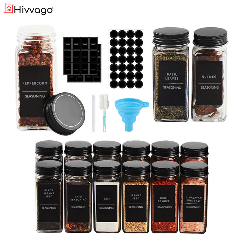 Hivvago 12 Pack Glass Spice Jar Set 120ml Airtight Square Jars with Shaker Lids Labels Funnel and Brush - Image 1