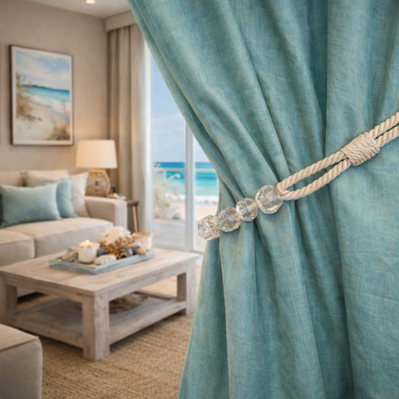 Natural Cotton Beaded Rope Curtain Tieback - Image 1