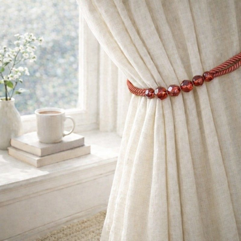 Coral Red Beaded Rope Curtain Tieback - Image 1