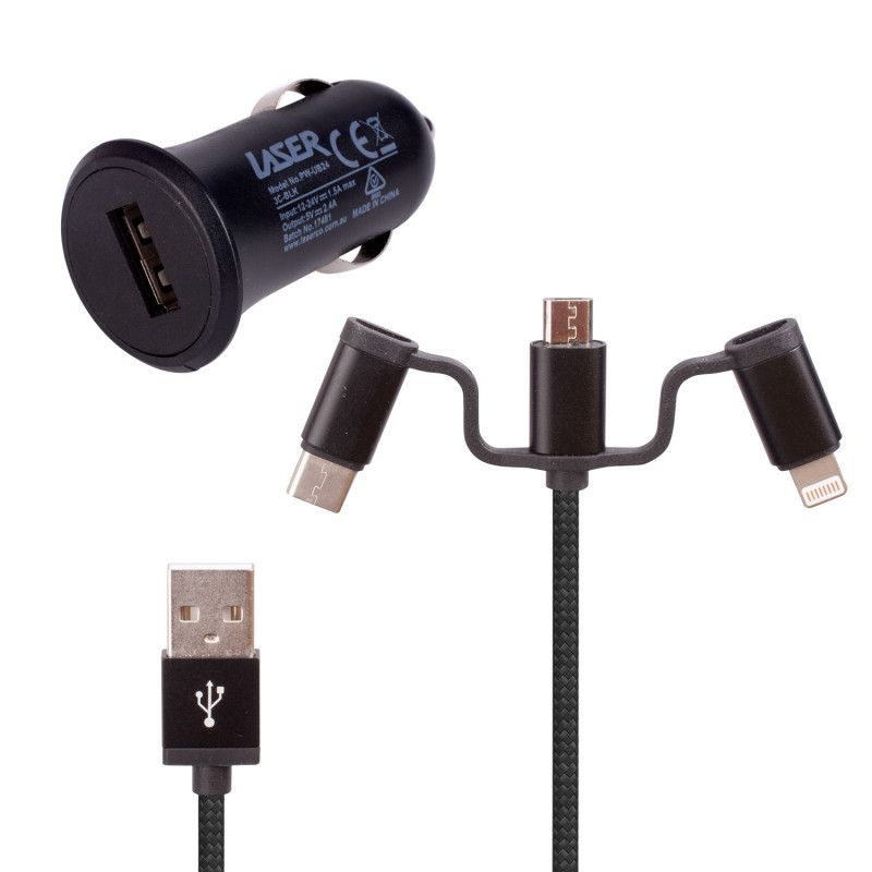 Laser USB Car Charger Black with 3-in-1 Cable: Micro USB, Type-C - Image 1