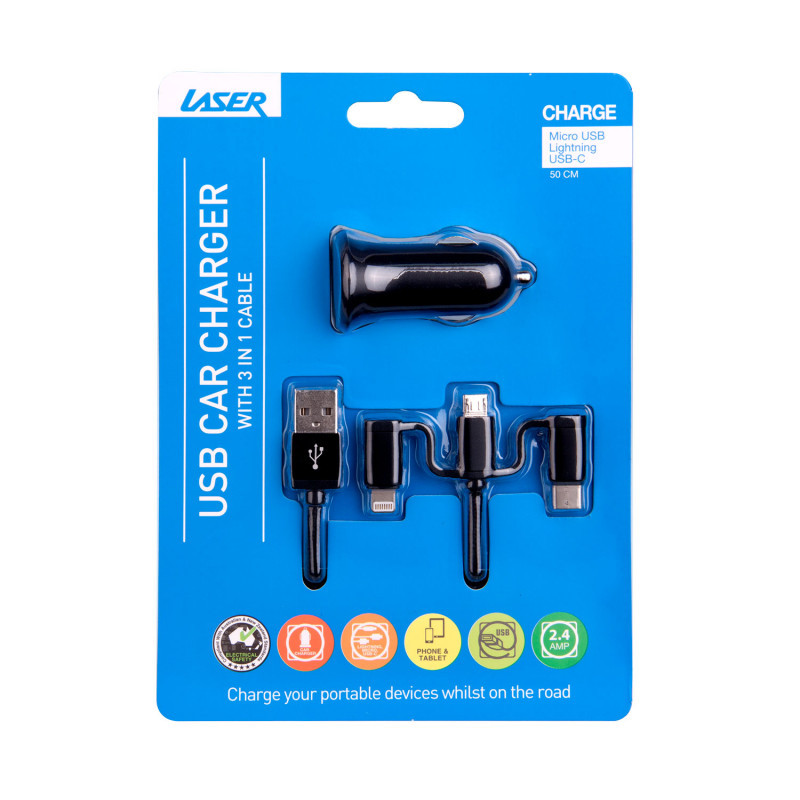 Laser USB Car Charger Black with 3-in-1 Cable: Micro USB, Type-C - Image 4