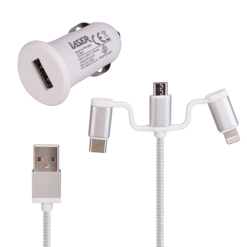 Laser USB Car Charger with 3-in-1 Cable White - Image 1