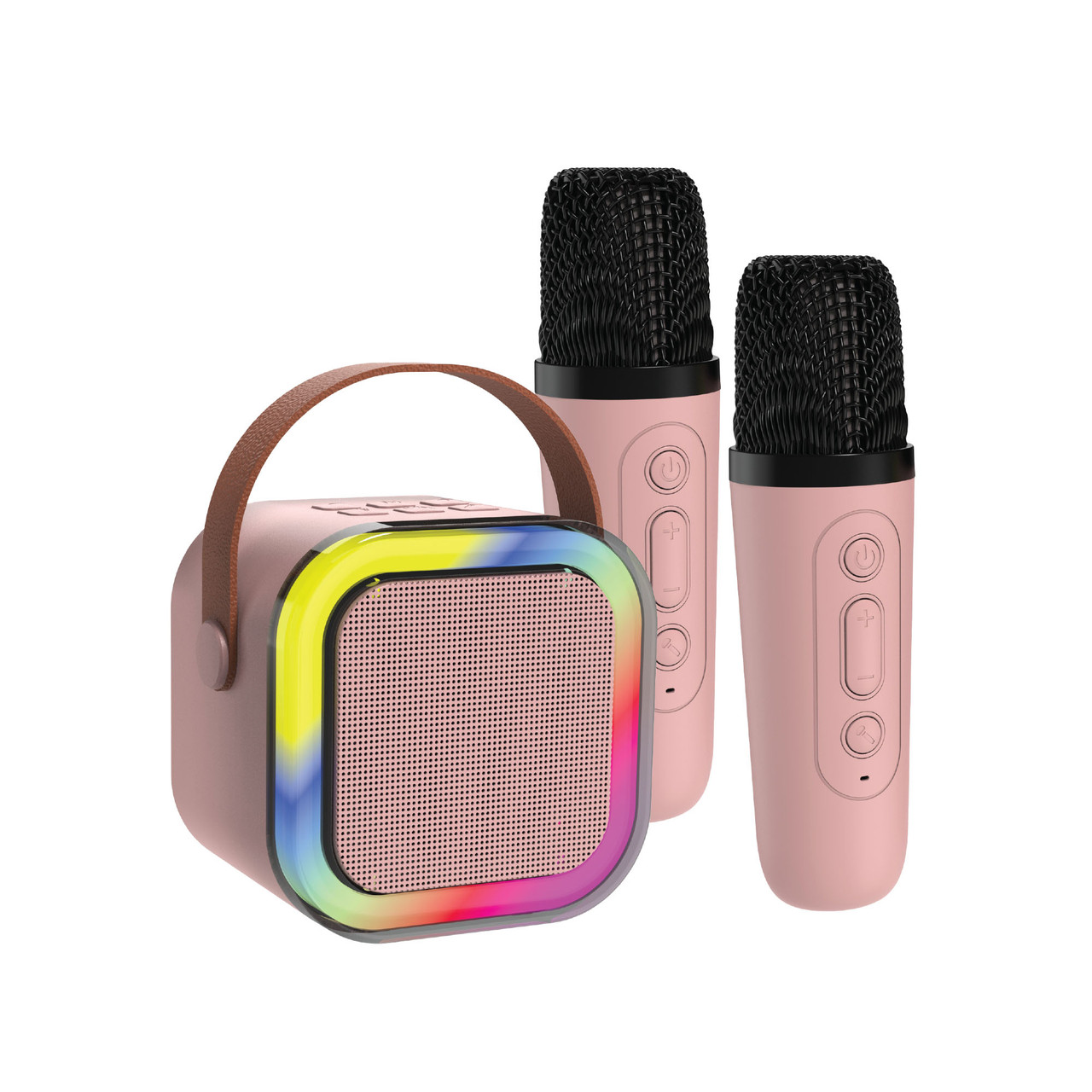 Laser Mini Karaoke Speaker with 2 Wireless Mics - Pink - Image 1