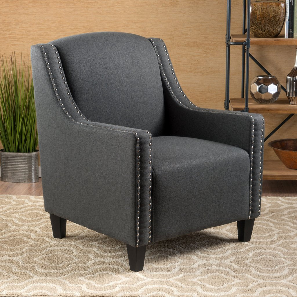 Camden Linen Fabric Studded Armchair in Dark Grey - Image 1