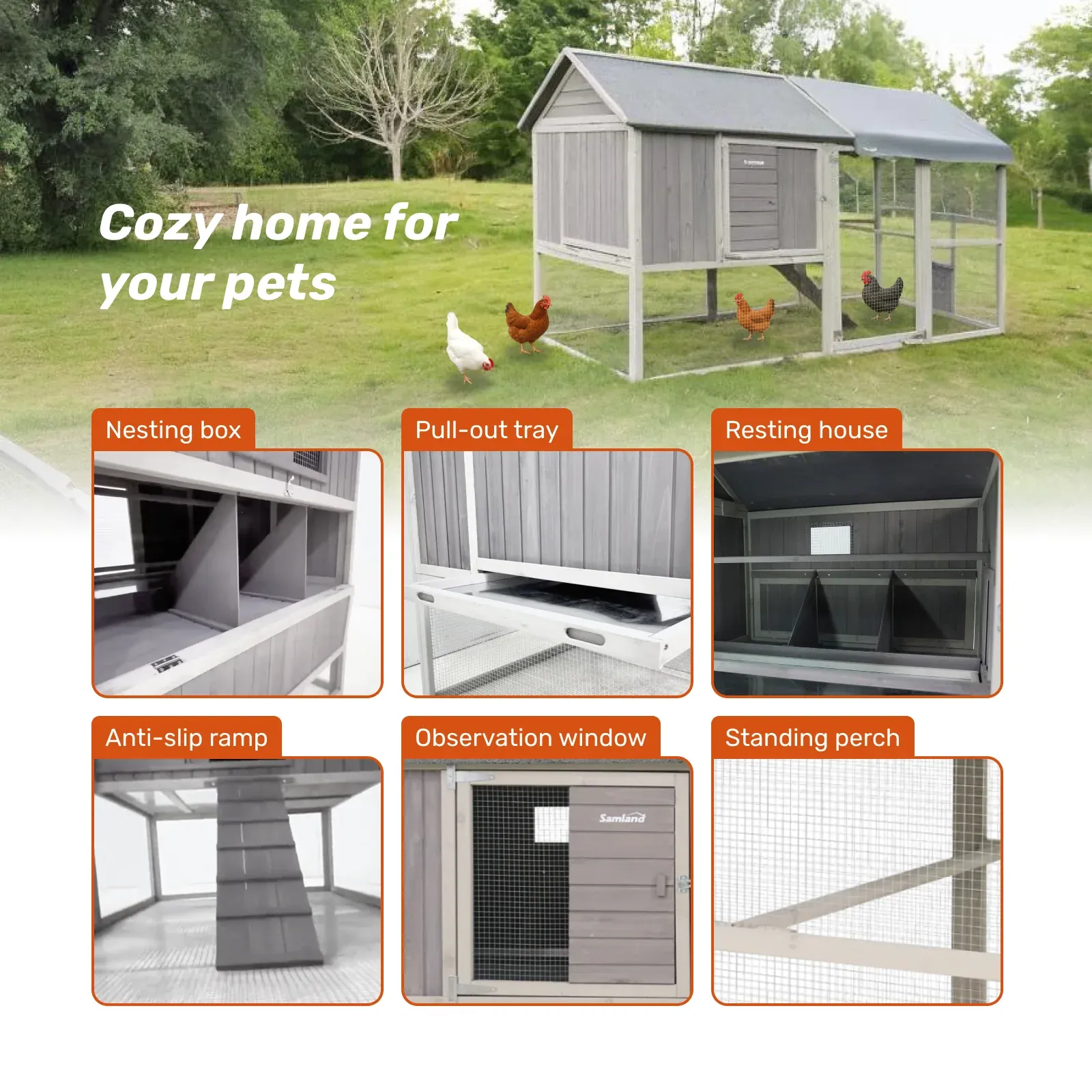 Samland Large Wooden Backyard Chicken Coop with Big Run and Nesting Boxes - Image 2
