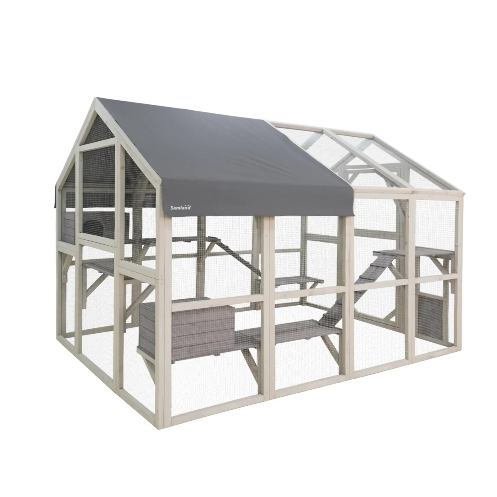Samland Large Wooden Outdoor Cat House Catio with Platforms, Ramps, Cozy Houses and Weatherproof Roof - Image 1