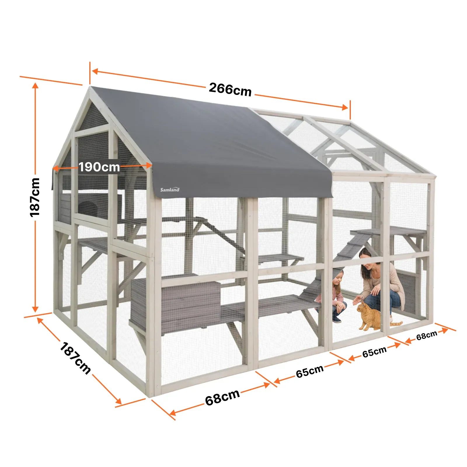 Samland Large Wooden Outdoor Cat House Catio with Platforms, Ramps, Cozy Houses and Weatherproof Roof - Image 2