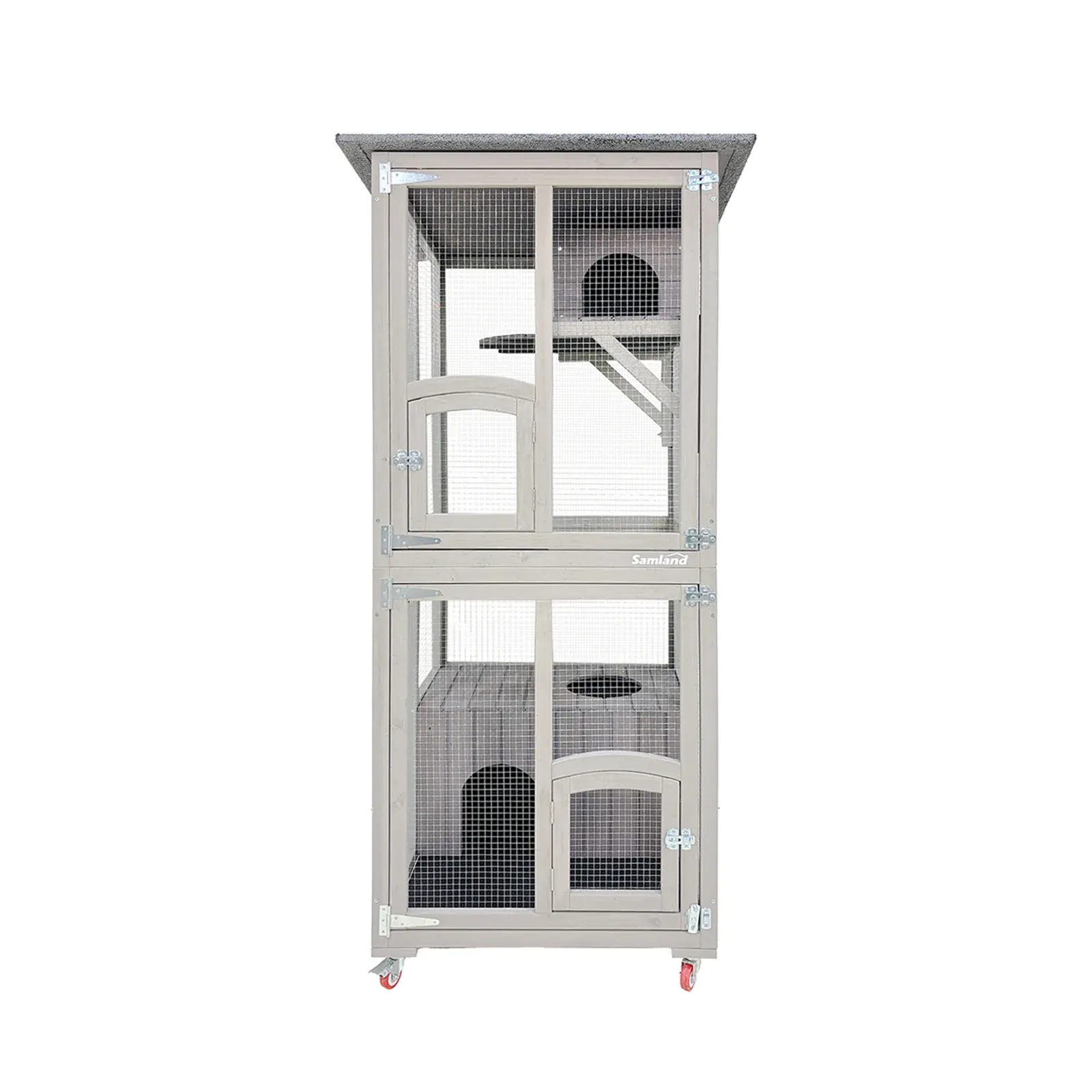 Samland Outdoor Wooden Cat Enclosure Catio with Wheels, Double Cat Houses & Roof - Image 1