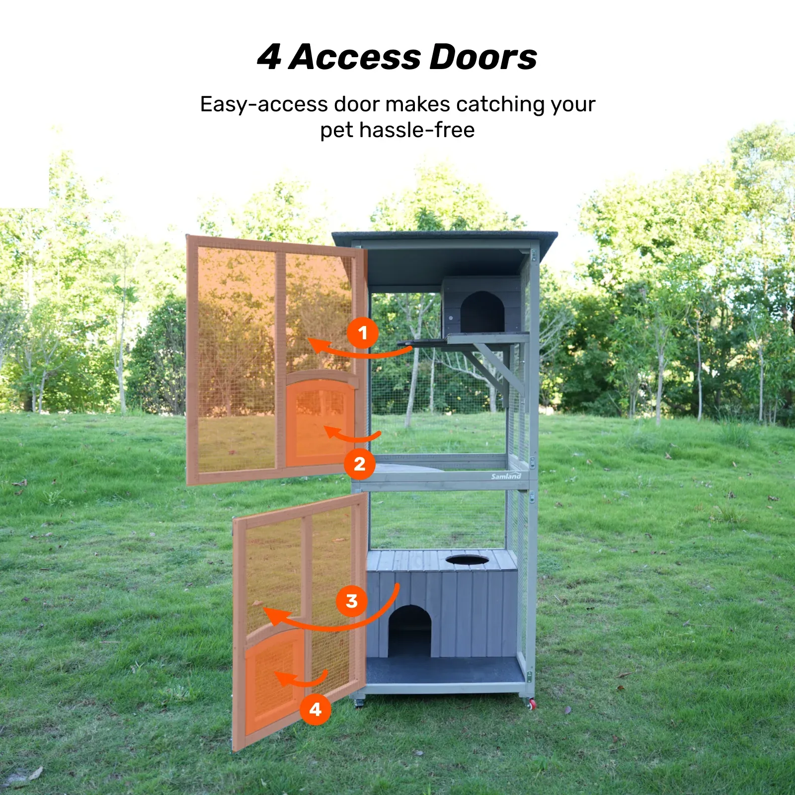 Samland Outdoor Wooden Cat Enclosure Catio with Wheels, Double Cat Houses & Roof - Image 5
