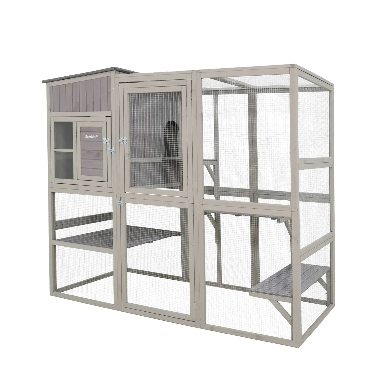 Samland Large Indoor & Outdoor Wooden Cat Enclosure with Sleeping House & Climbing Platforms - Image 1