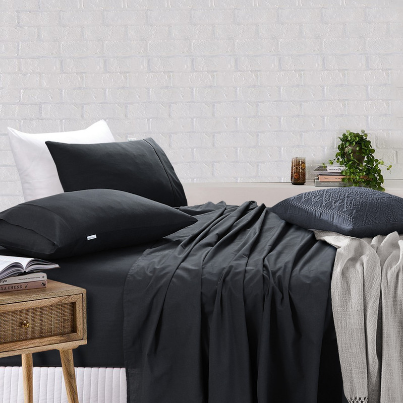 Elan Linen 100% Egyptian Cotton Vintage Washed 500TC Charcoal Queen Bed Sheets Set - Image 1