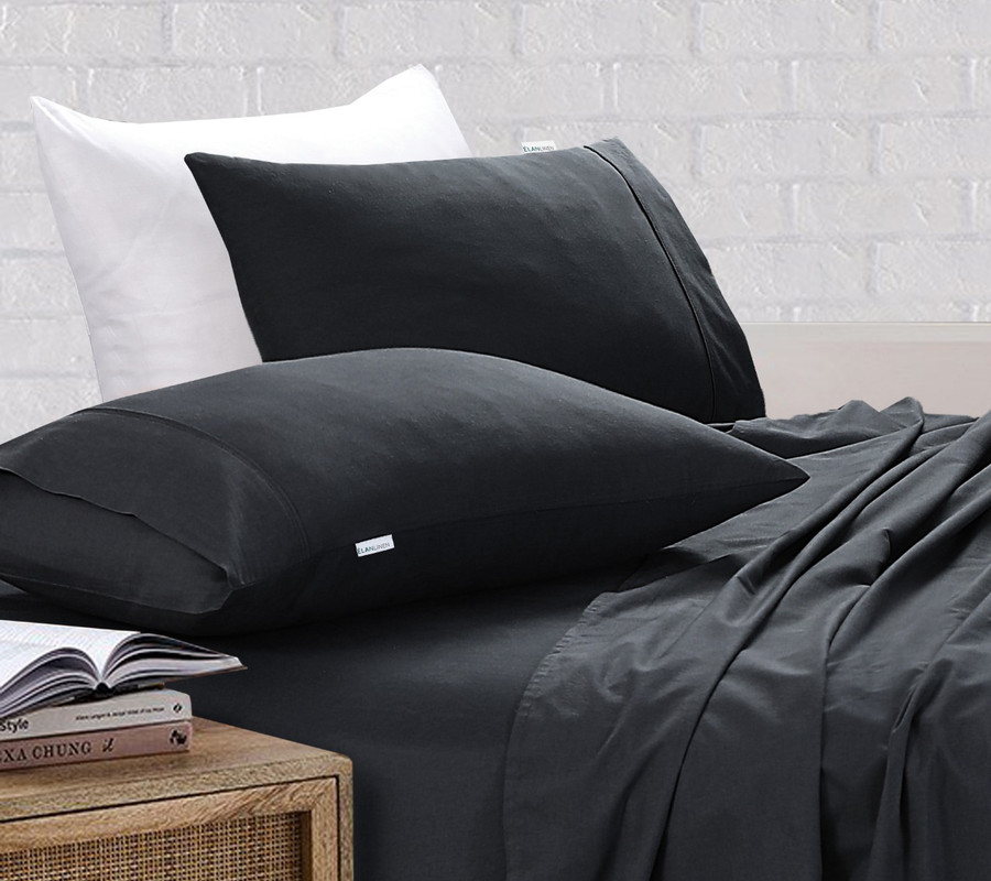 Elan Linen 100% Egyptian Cotton Vintage Washed 500TC Charcoal Queen Bed Sheets Set - Image 2